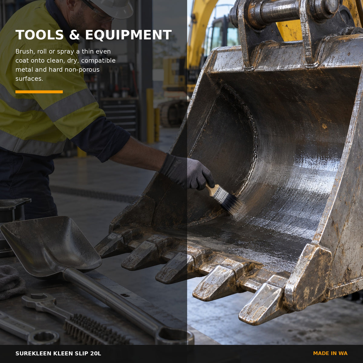 Kleen Slip applied to compatible metal construction tools and excavator bucket