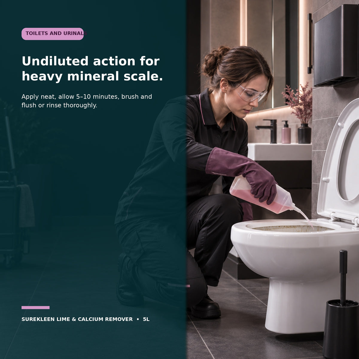 Professional cleaner applying descaler to a porcelain toilet with protective equipment
