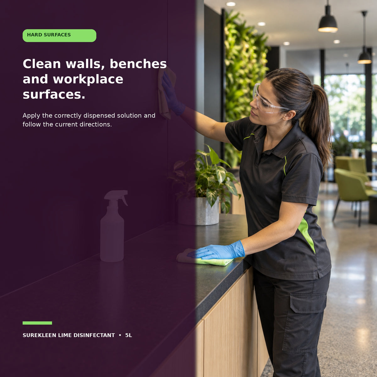 Professional cleaner mopping a commercial hard floor with protective equipment
