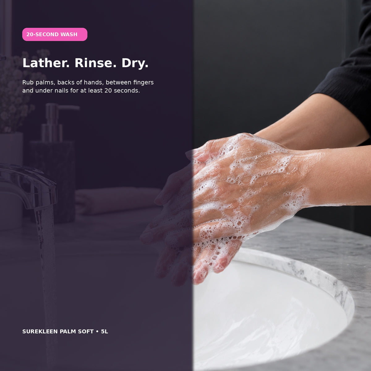 Hands lathering with liquid hand wash using a thorough washing technique
