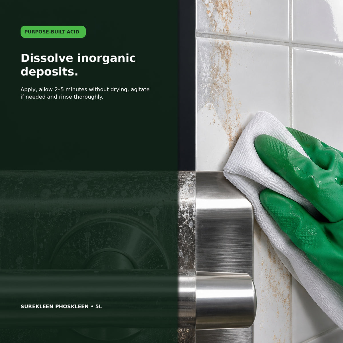 Gloved hand removing calcium and rust deposits from compatible tile and stainless steel
