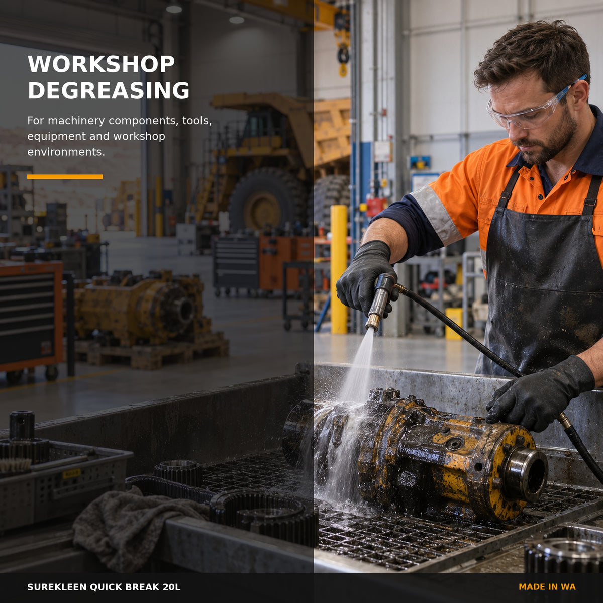 Heavy machinery component being cleaned in a mining workshop
