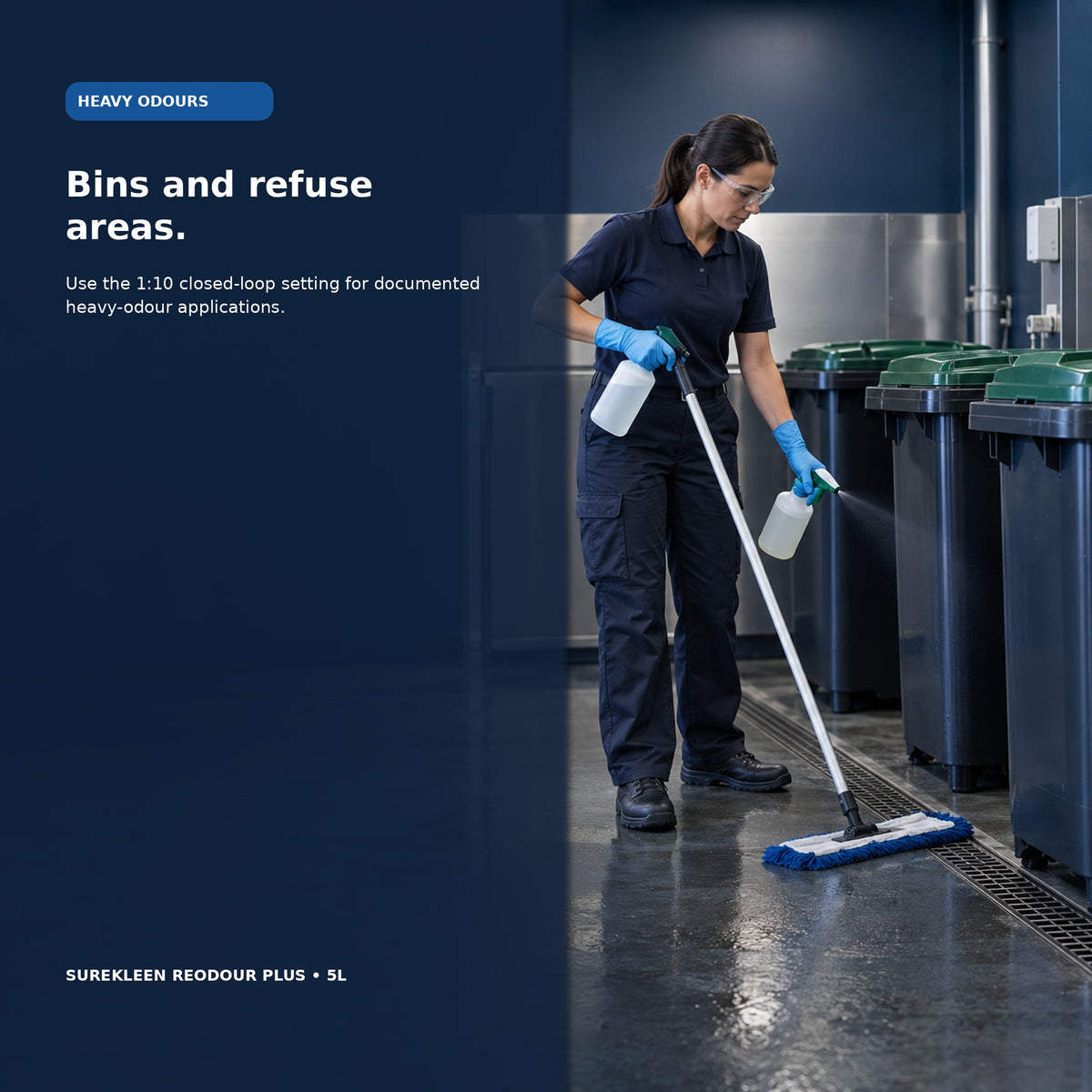 Professional deodorising and mopping in a clean commercial bin area

