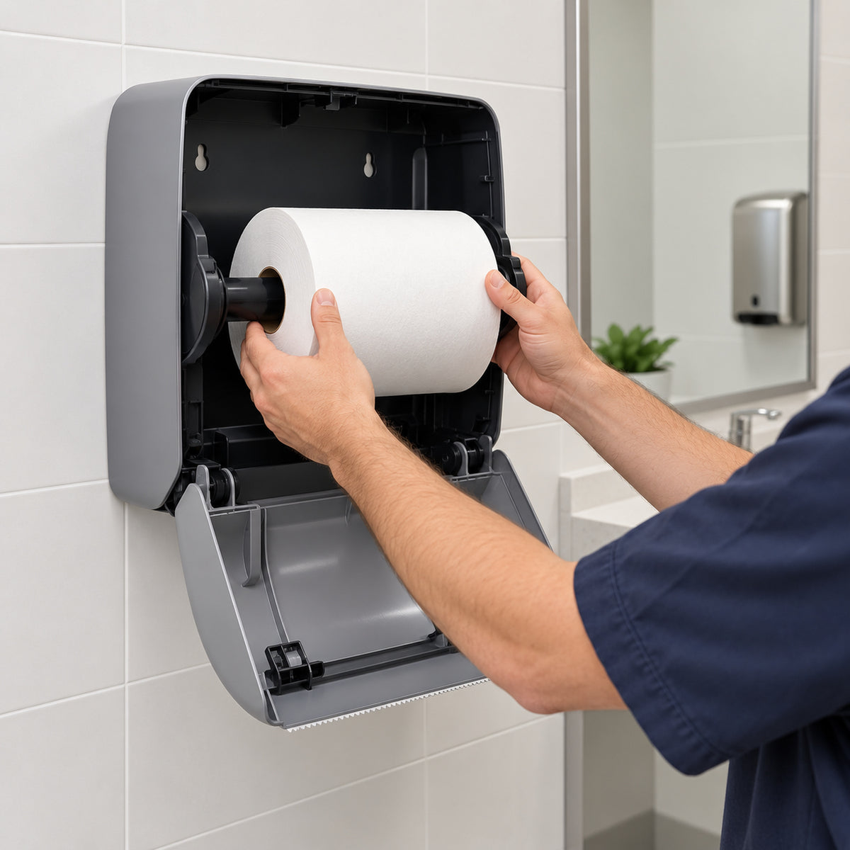Facilities worker refilling a commercial roll towel dispenser
