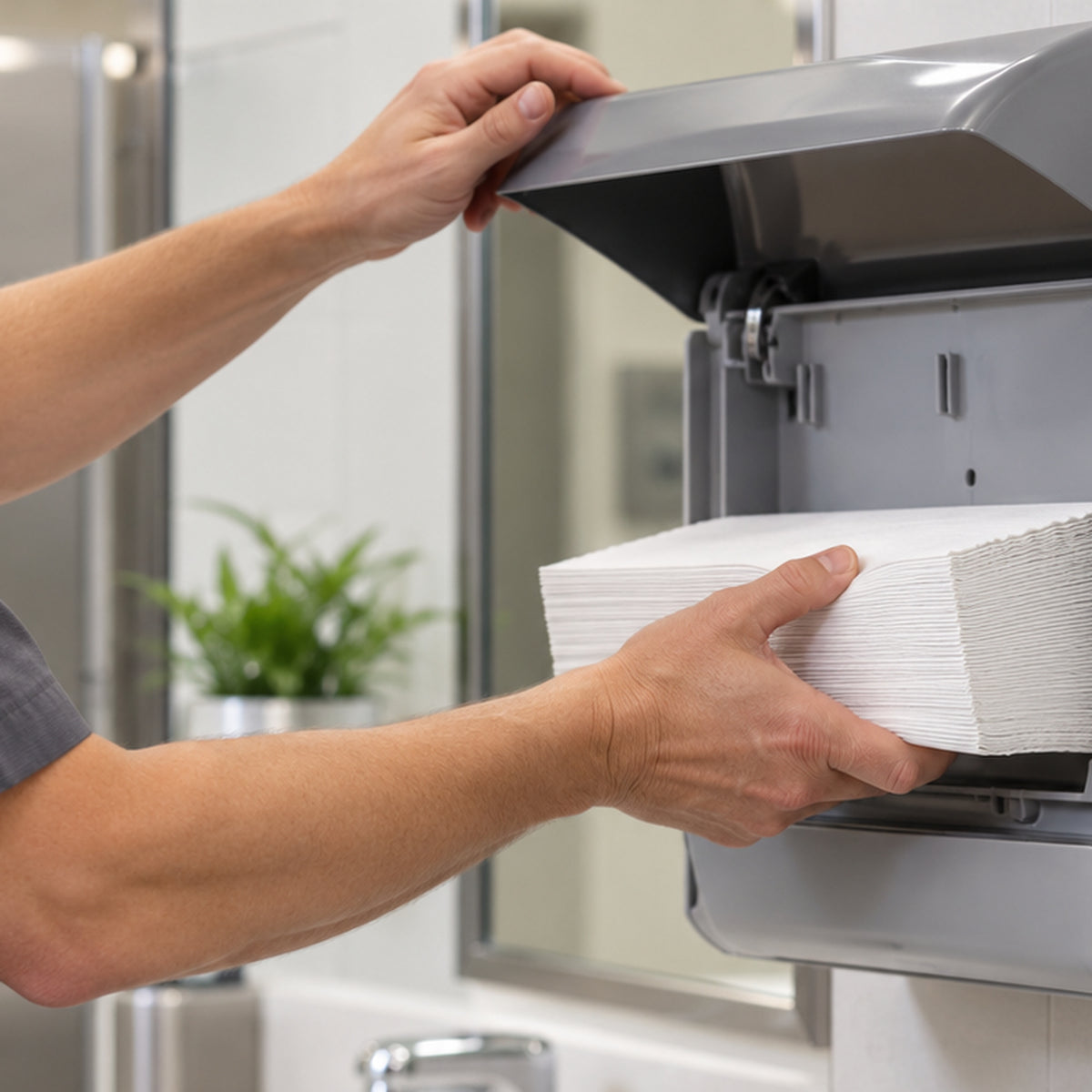 Facilities worker refilling an ultraslim folded hand towel dispenser
