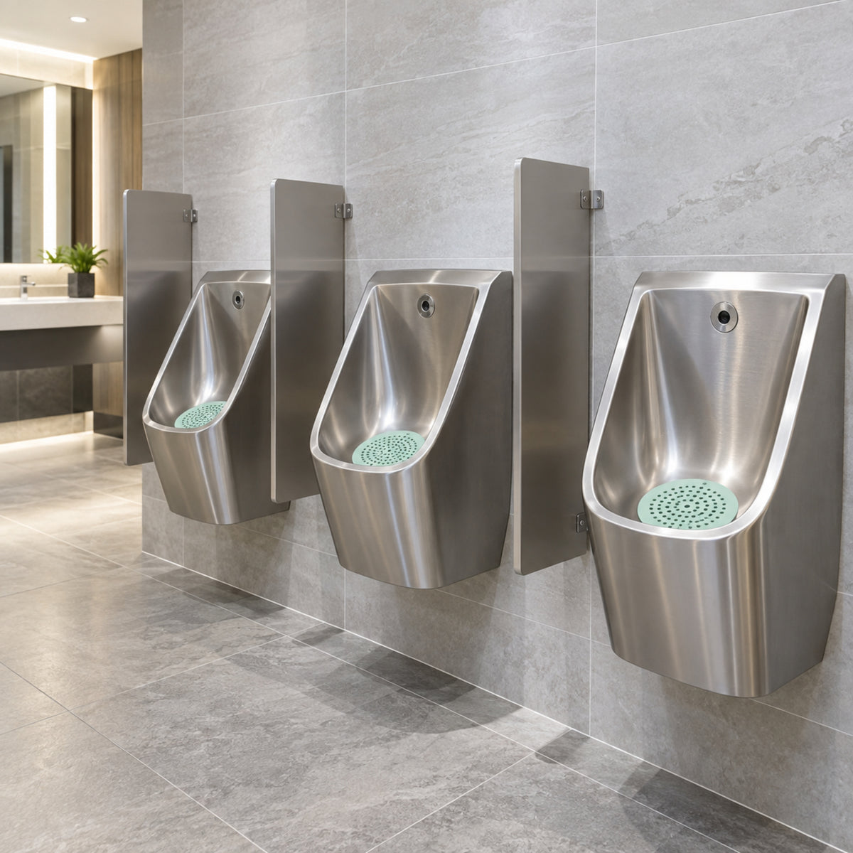 Commercial washroom urinal with pale aqua fragranced screen
