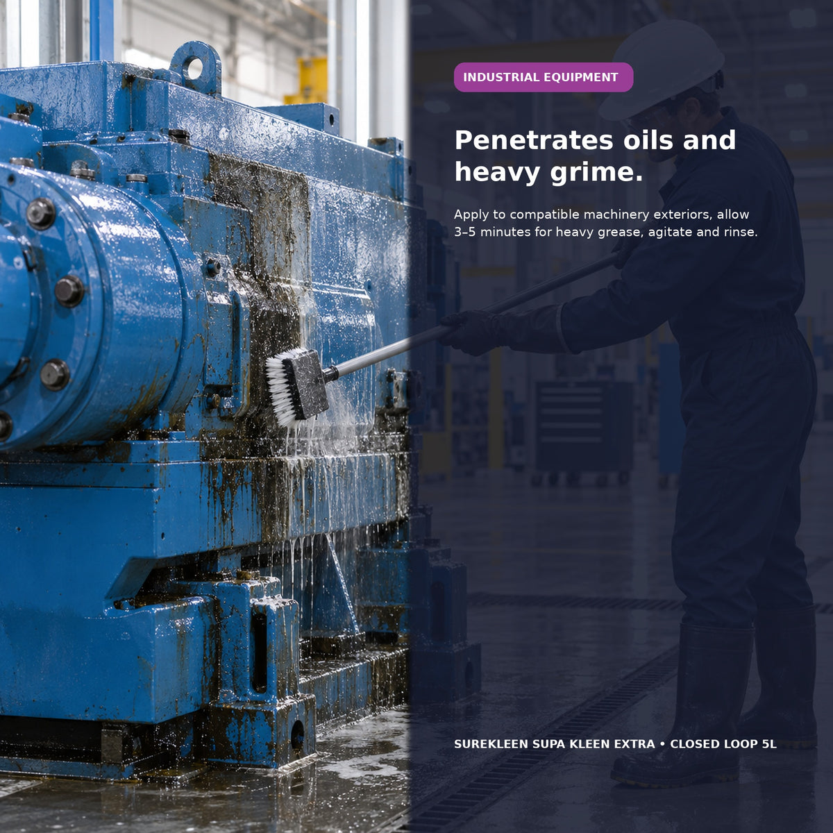 Professional cleaning grease from industrial machinery exterior with a long-handled brush
