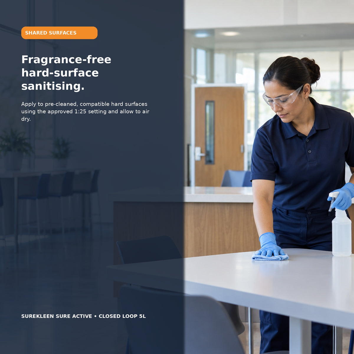 Professional sanitising a pre-cleaned shared hard surface in an institutional facility
