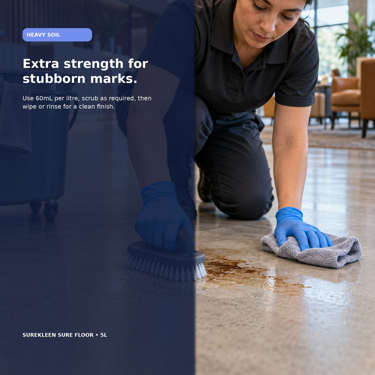 Professional spot cleaning a stubborn mark on a sealed commercial floor
