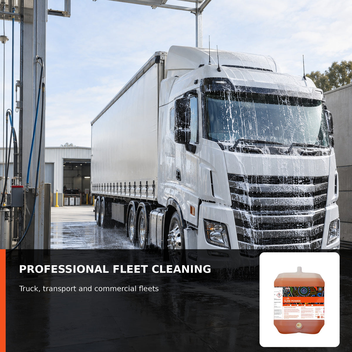 Commercial fleet truck in professional wash bay
