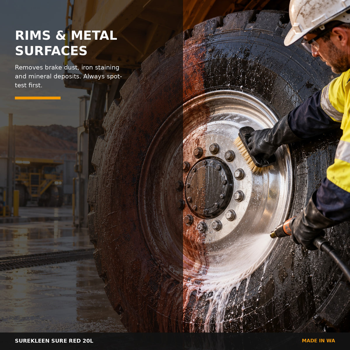 Heavy equipment rim being cleaned of red dust and mineral deposits