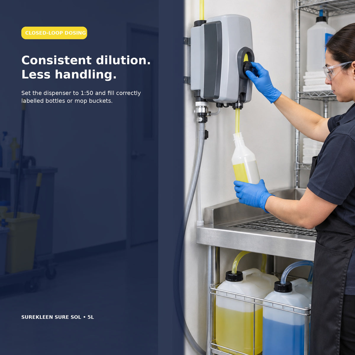 Cleaner filling a spray bottle from a closed-loop chemical dispenser
