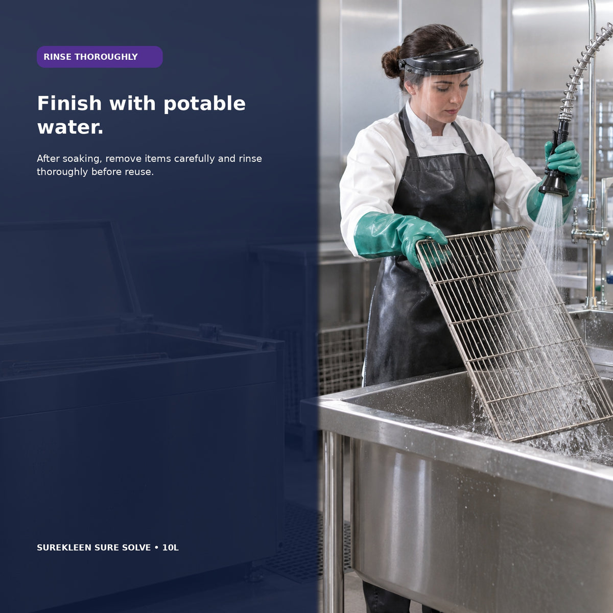 Worker rinsing a stainless steel oven rack after soak tank cleaning
