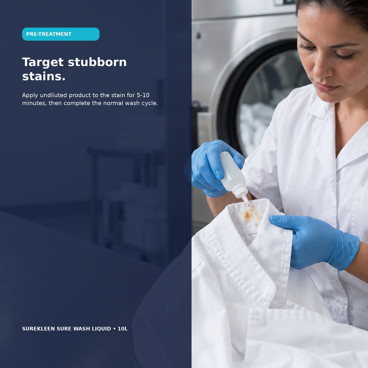 Gloved laundry worker pre-treating a stain on a white garment
