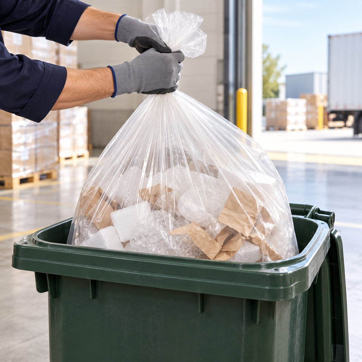 Clear heavy-duty liner being removed from a warehouse wheelie bin
