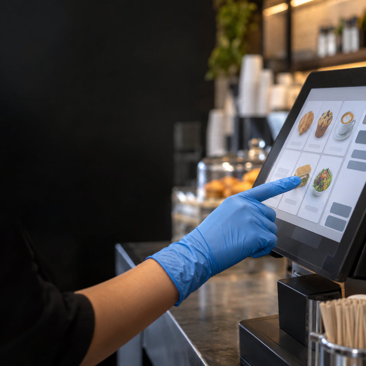 Blue touchscreen-friendly disposable glove operating a cafe POS
