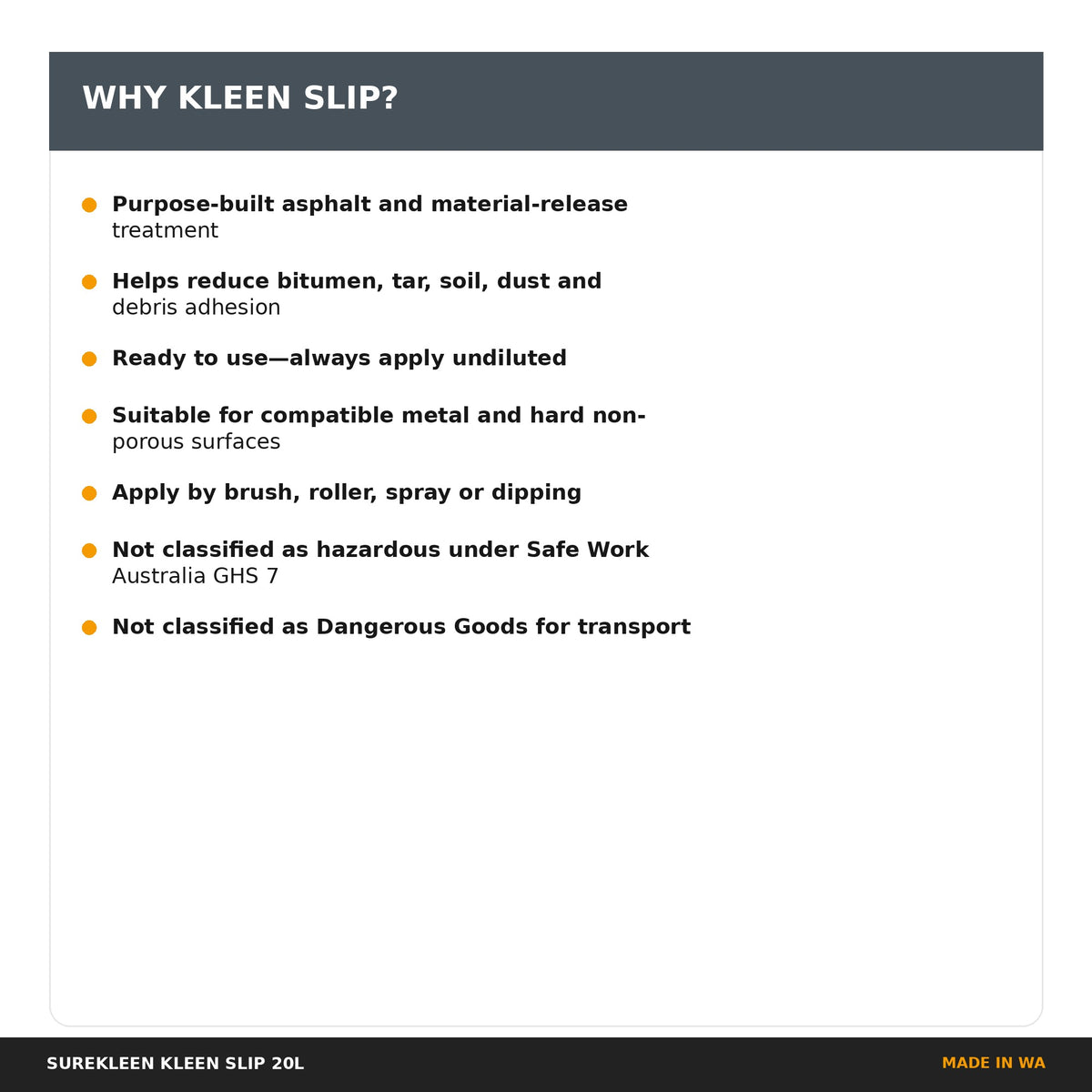 Key benefits of Surekleen Kleen Slip asphalt release agent