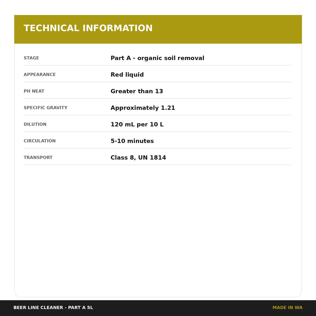 Technical specifications for Beer Line Cleaner Part A 5L