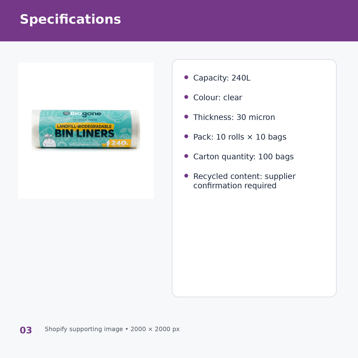 biogone 240l clear bin liners product specifications
