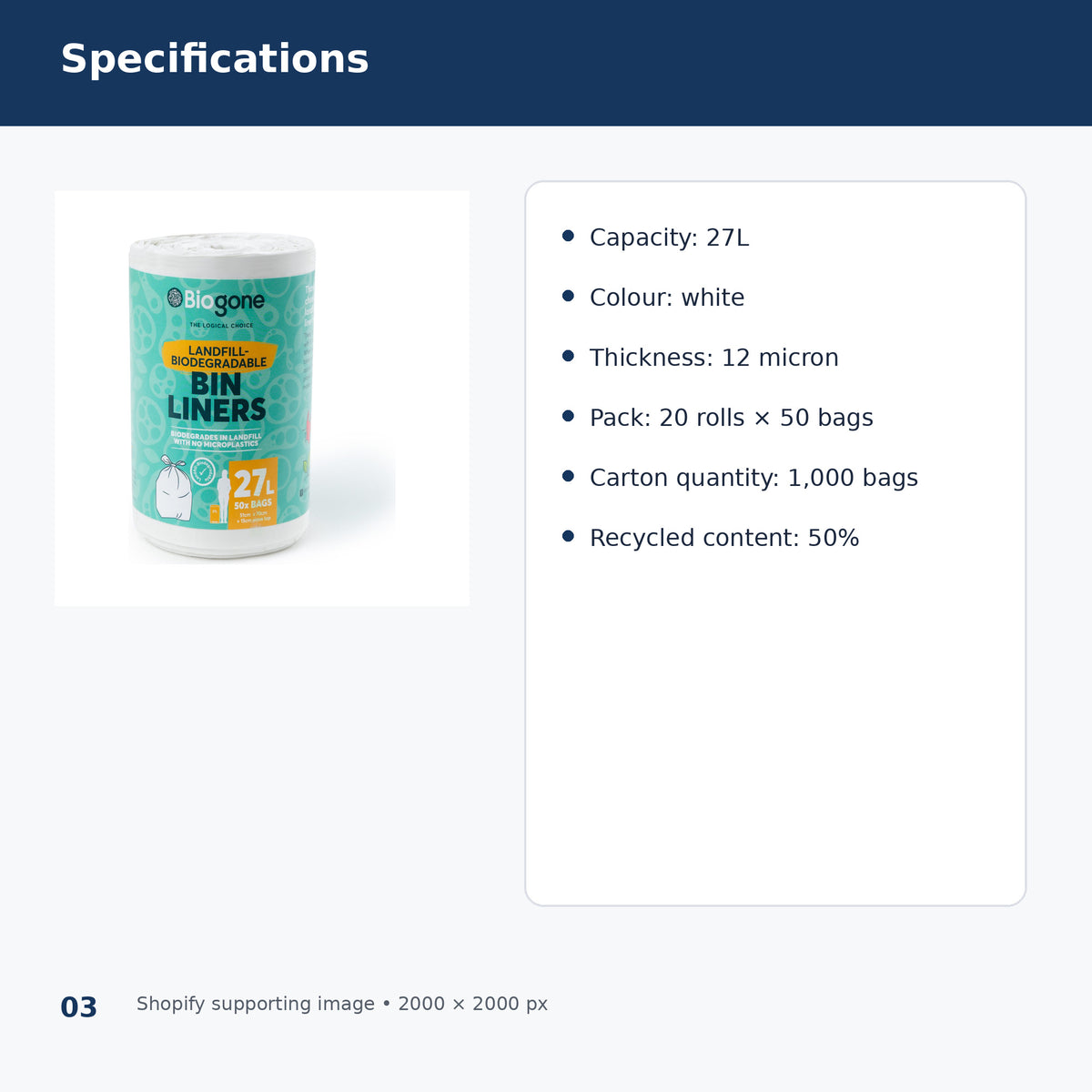 biogone 27l white bin liners product specifications
