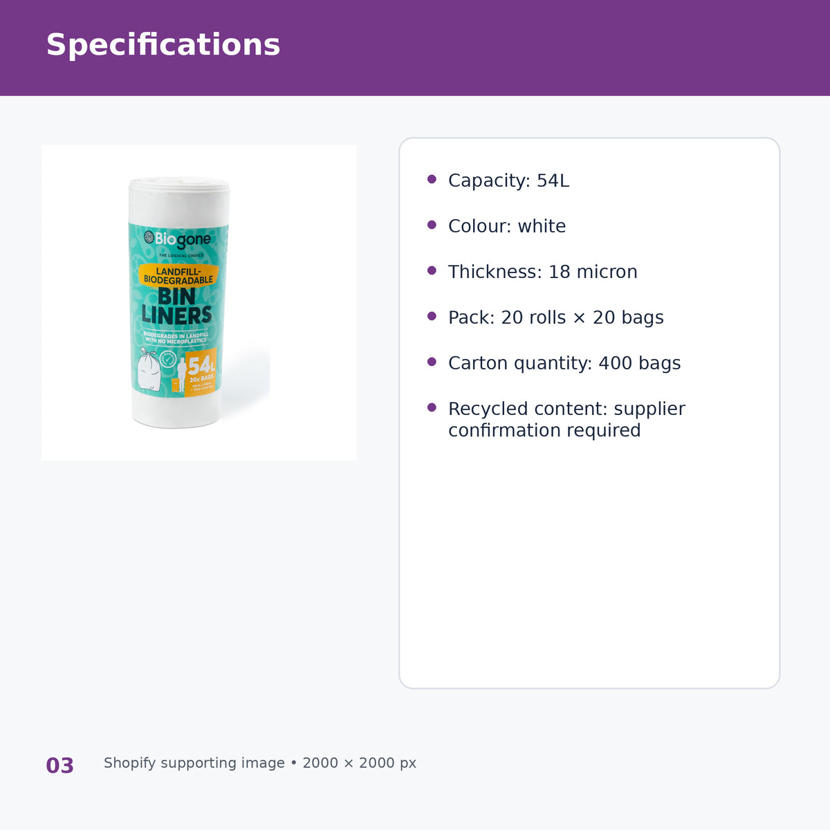 biogone 54l white bin liners product specifications
