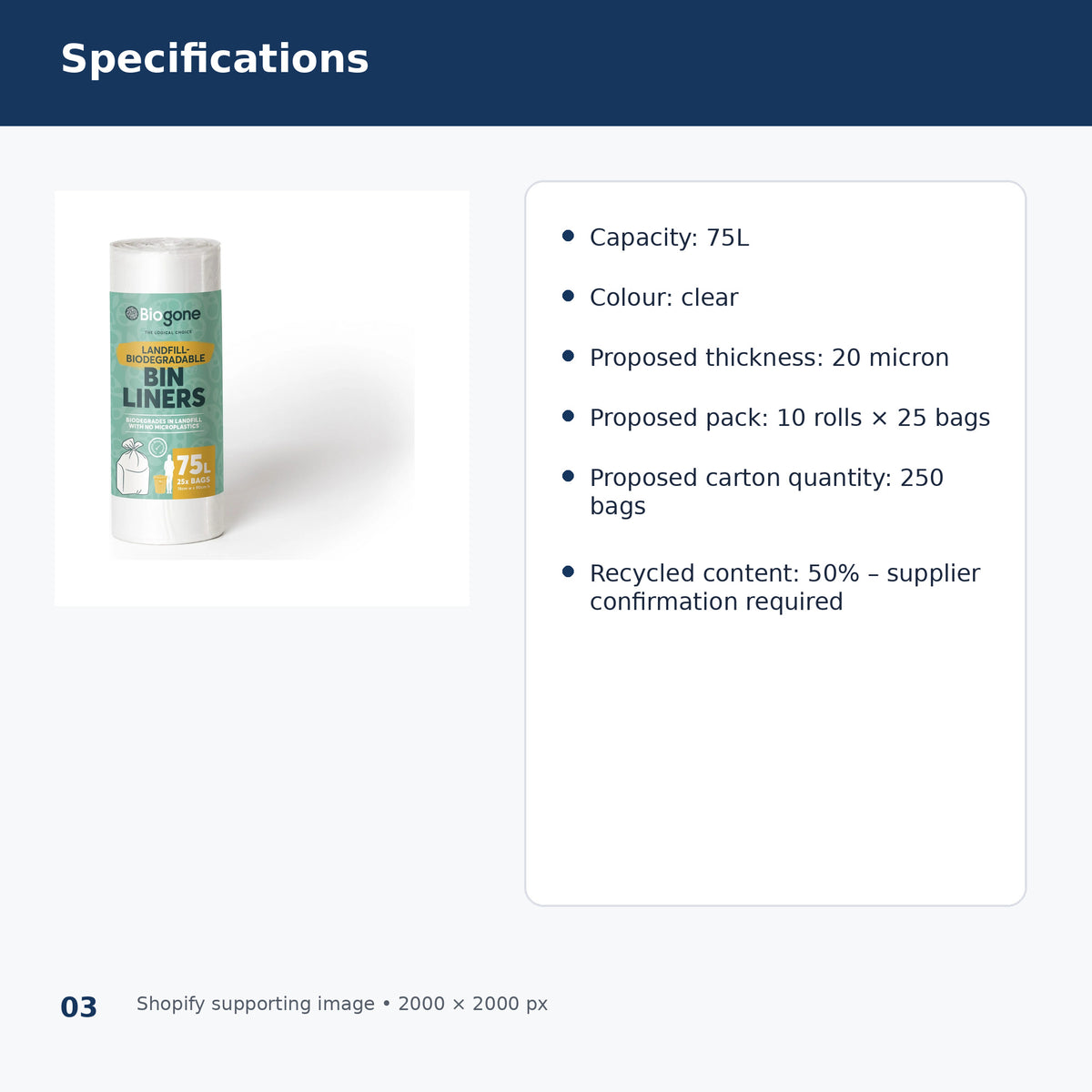 biogone 75l clear bin liners product specifications
