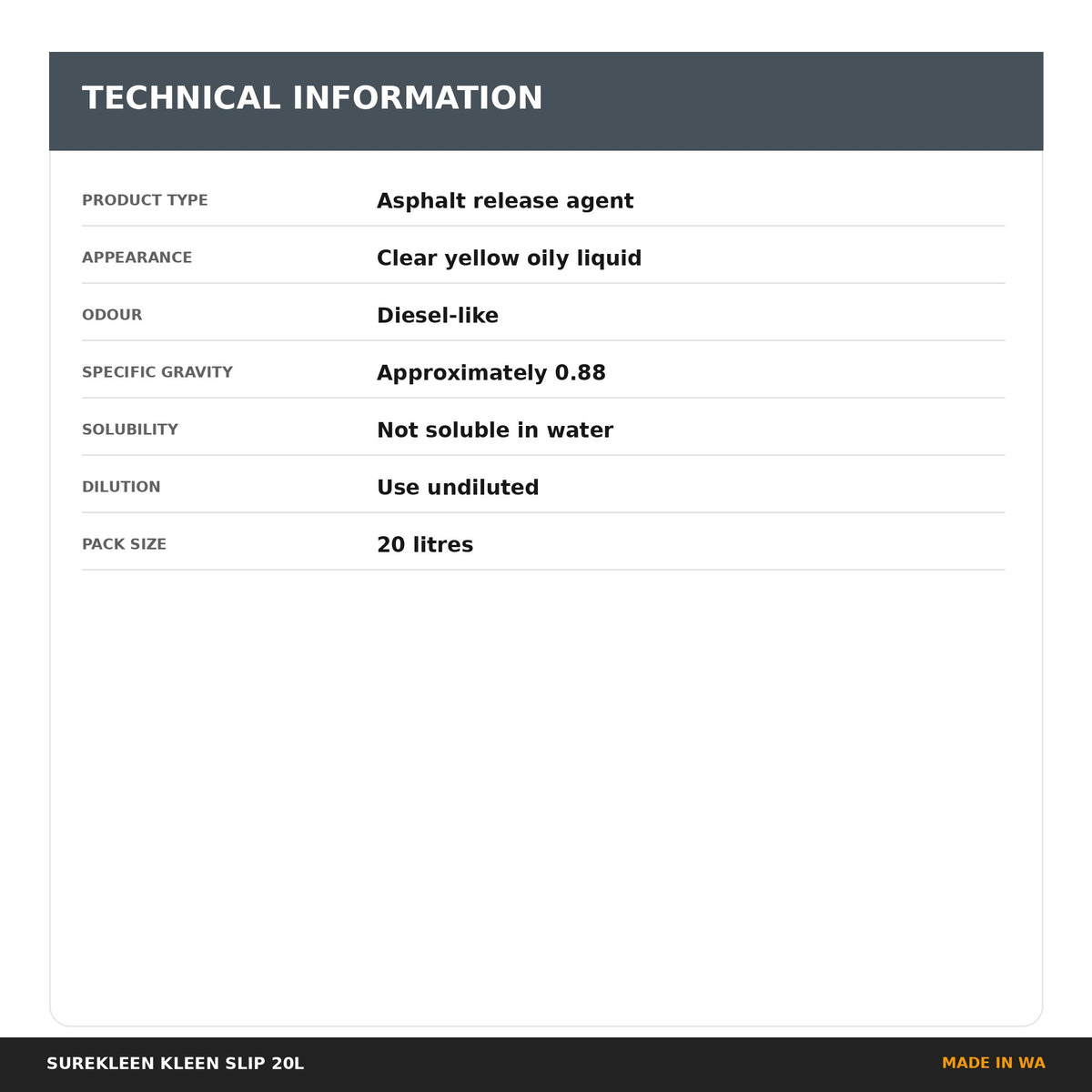 Kleen Slip technical specifications including appearance specific gravity and solubility