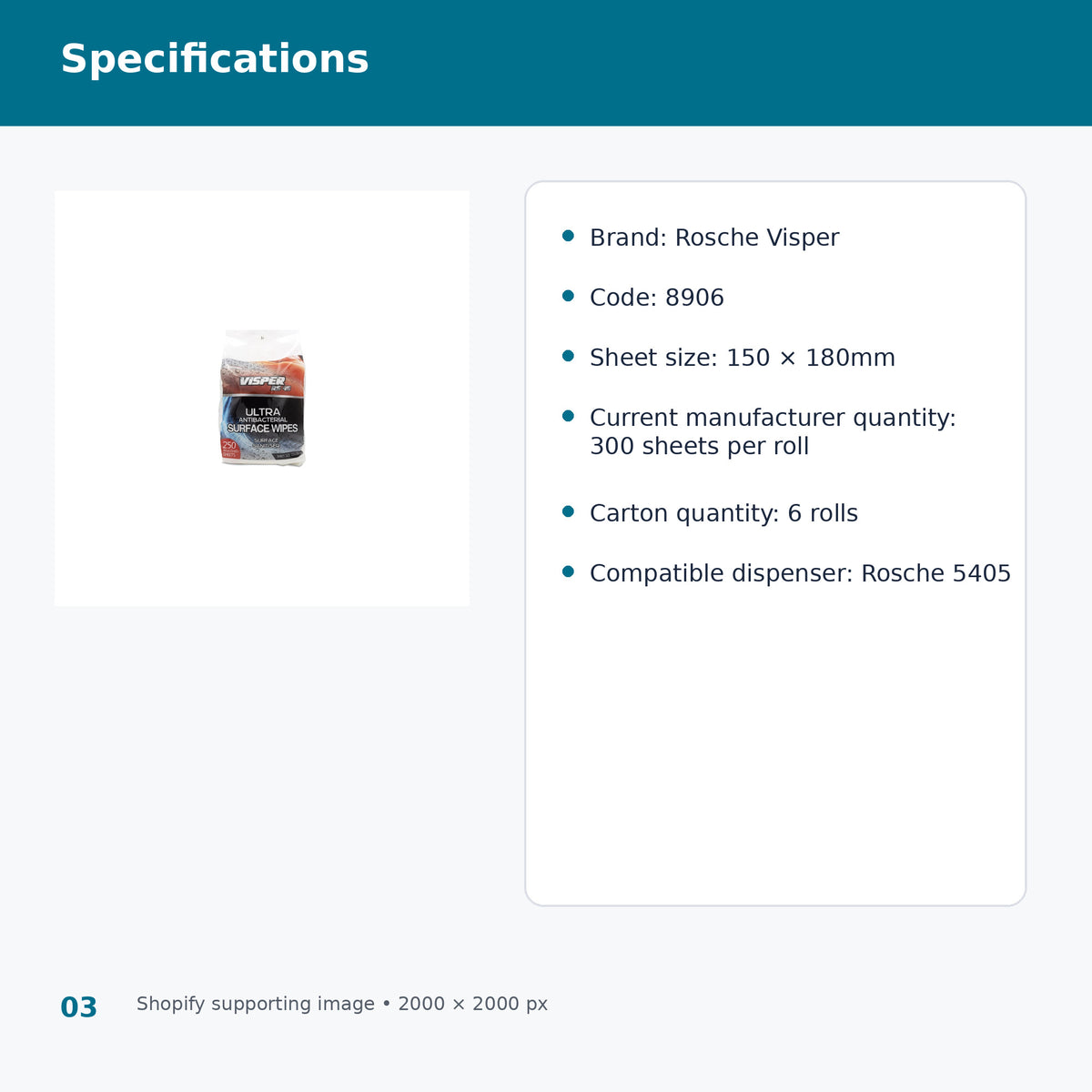 rosche 8906 visper antibacterial surface wipes product specifications
