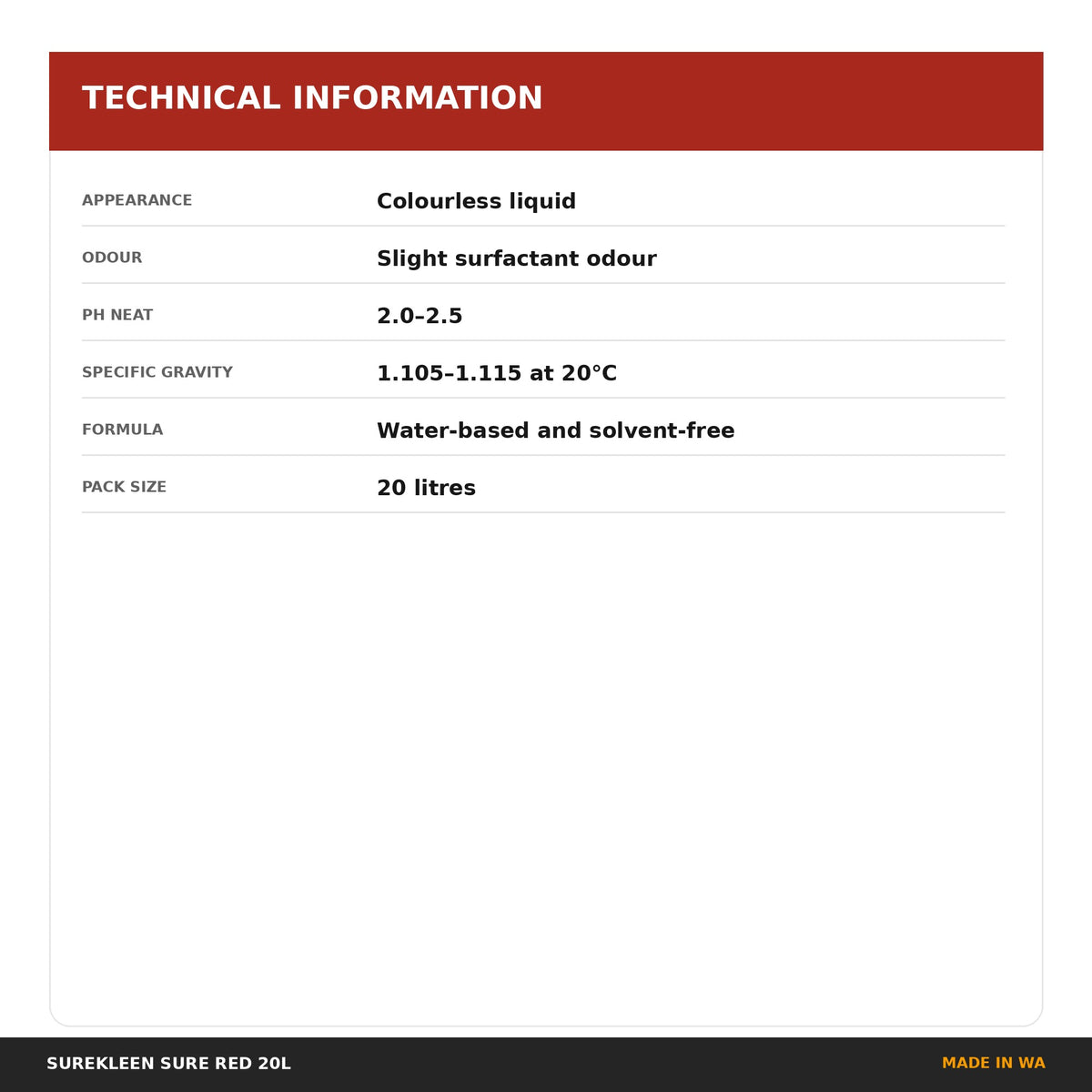 Sure Red technical specifications including pH and appearance
