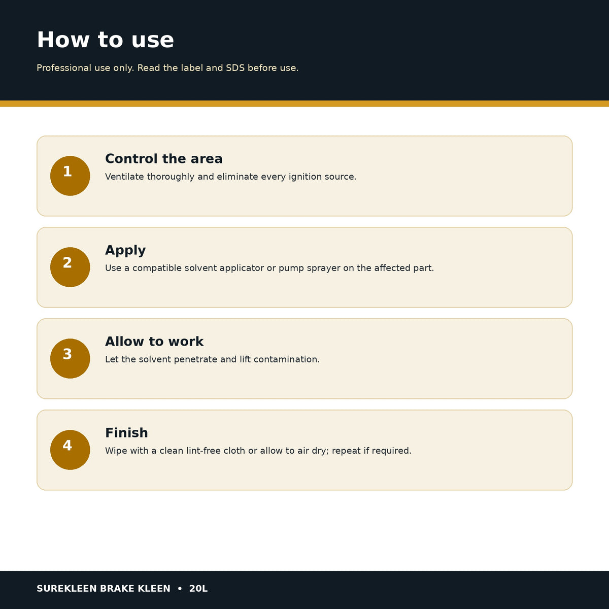 Directions for applying Surekleen Brake Kleen safely to compatible parts