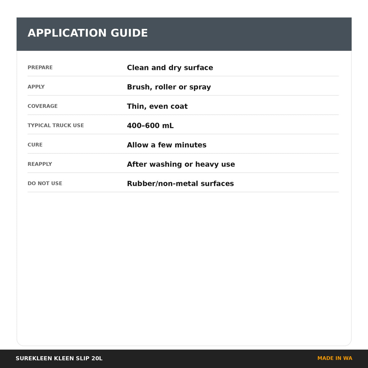 Kleen Slip undiluted application guide for trucks tools and equipment