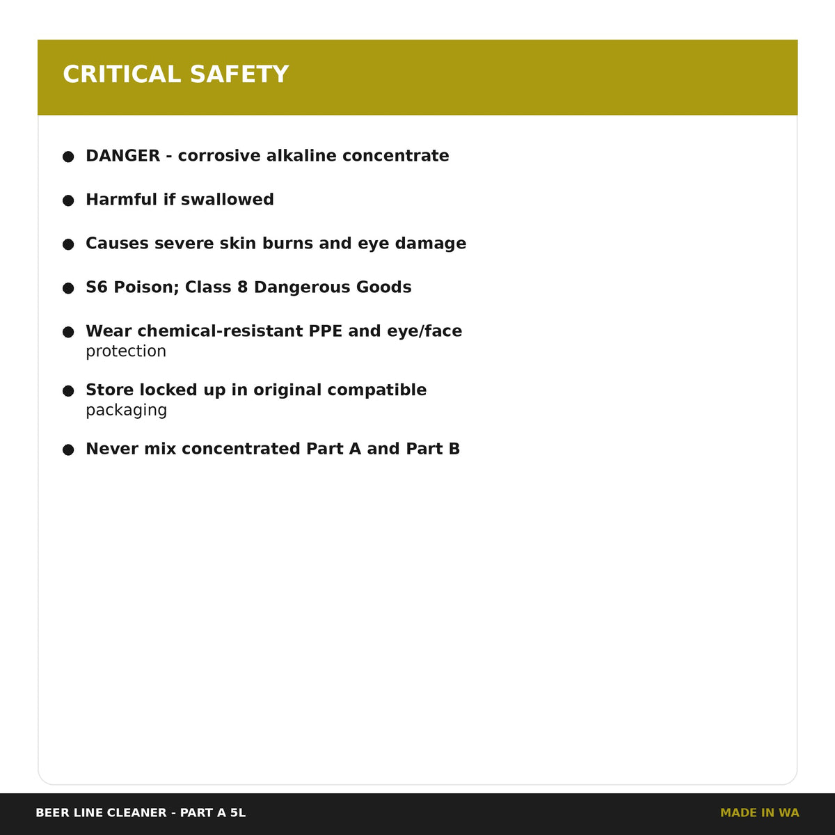 Critical safety guidance for Beer Line Cleaner Part A