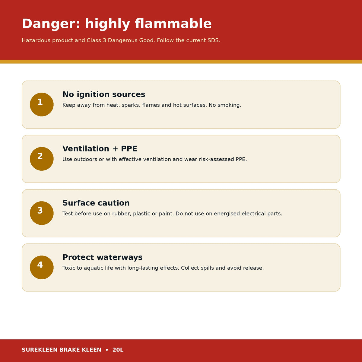 Brake Kleen highly flammable hazard ventilation PPE and environmental precautions