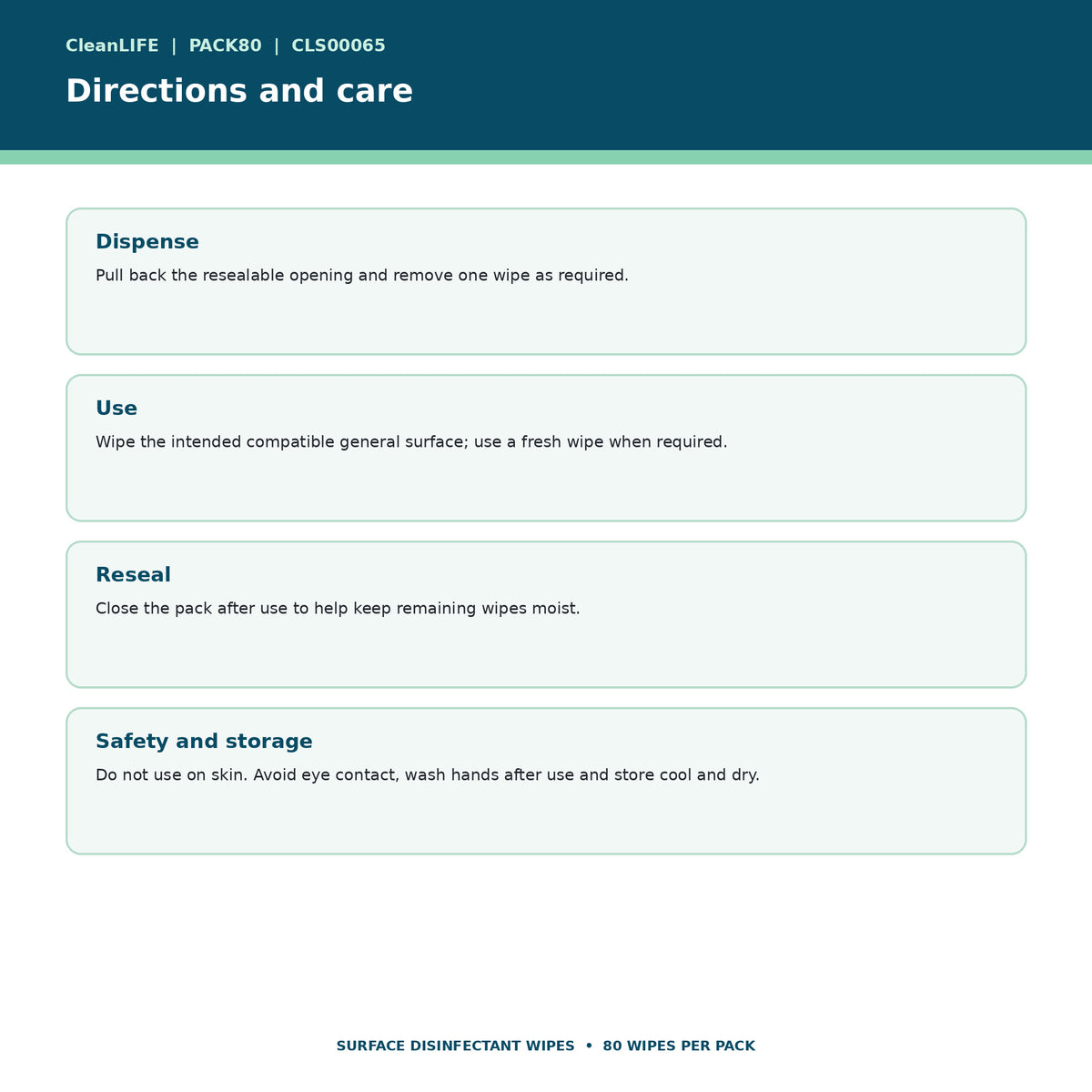 CleanLIFE surface disinfectant wipes directions and storage
