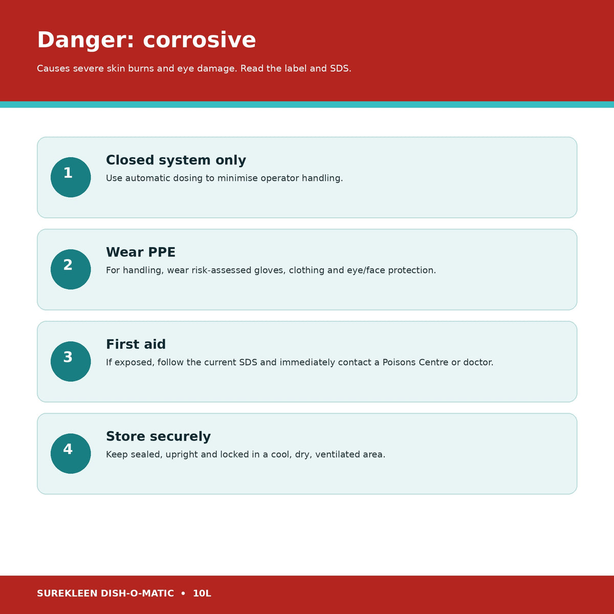 Dish-o-Matic corrosive hazard automatic dosing PPE first aid and storage precautions
