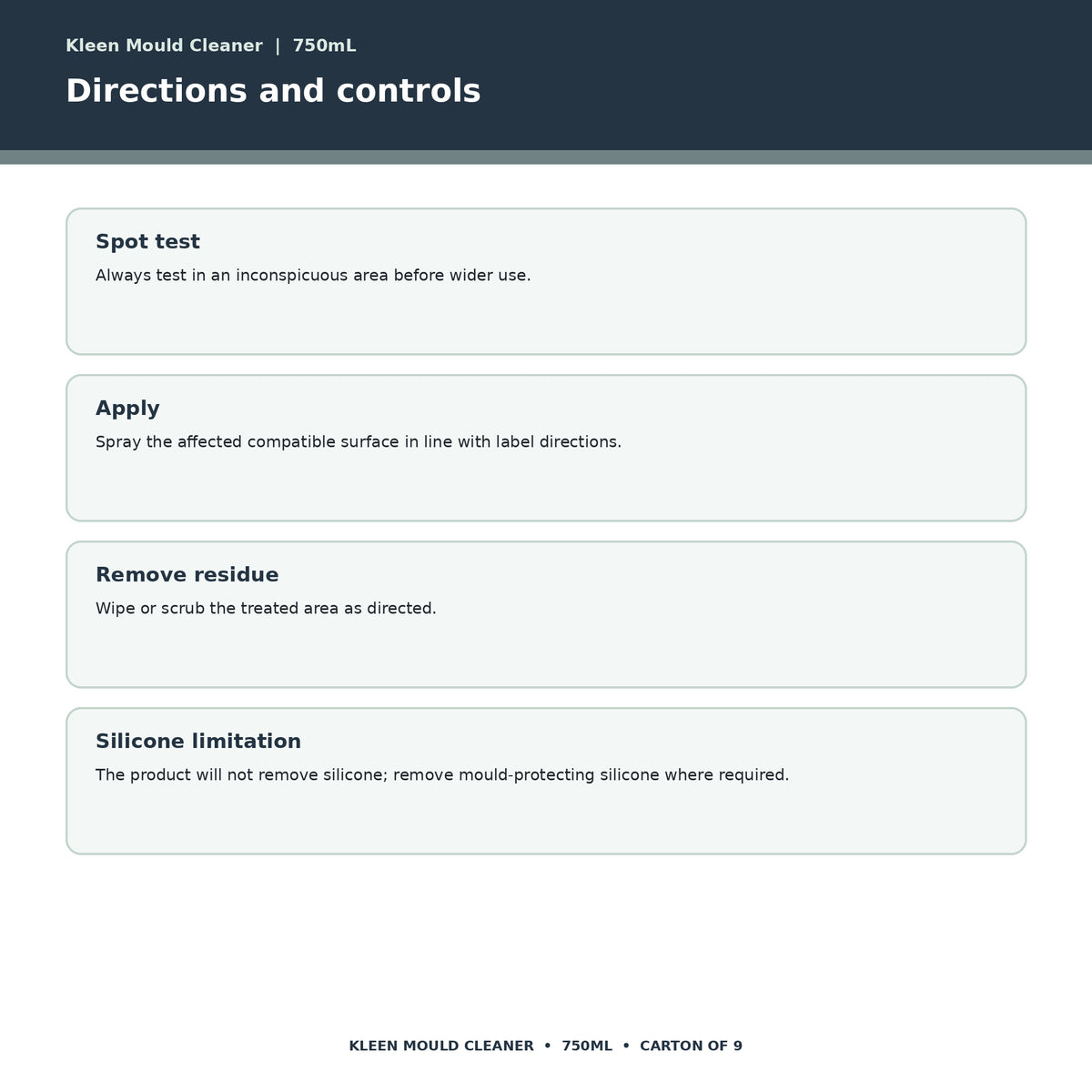 Kleen Mould Cleaner directions and controls
