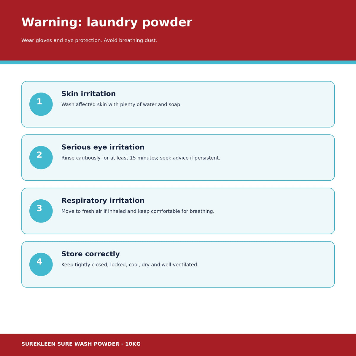 Sure Wash Powder skin eye respiratory and storage warnings
