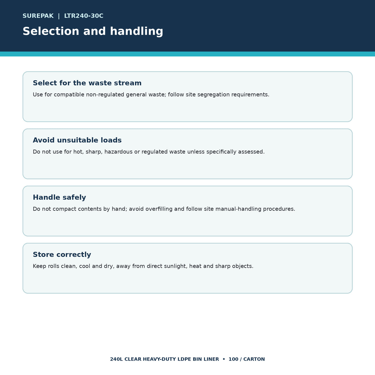 Surepak clear bin liner selection storage and handling guidance
