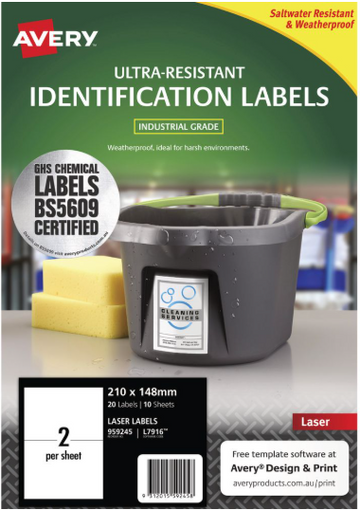 Avery 2UP Chemical Grade Laser Labels 210 x 148mm 10 Sheets