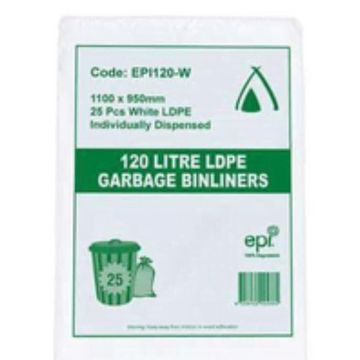 120LTR WHITE LDPE BIN LINER + EPI 1C/1S, 100 Ctn