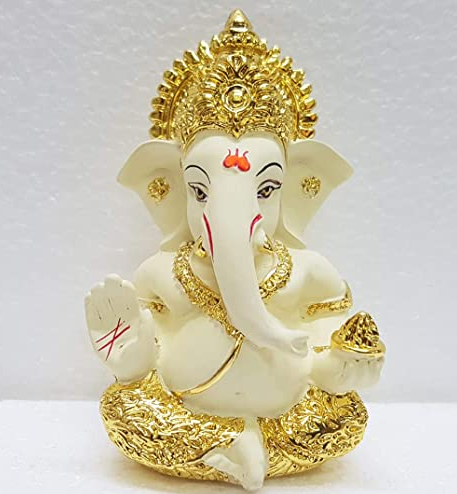 Gold Ceramic Lord Ganesh Statue Dashboard Idol - 6.4 x 6.4 x 9 cm