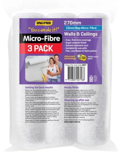 Uni-Pro 270mm 10mm Nap You Can Do It Microfibre Roller Cover - 3 Pack