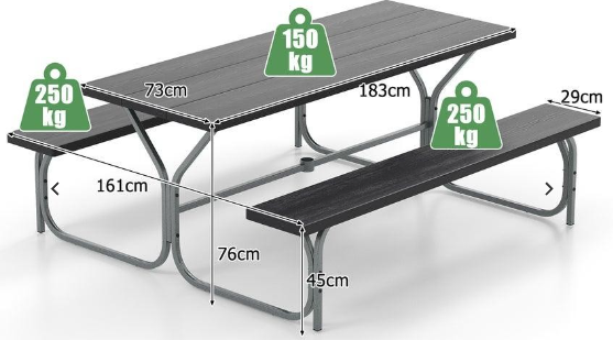 Picnic Table Bench Set 8-Person Outdoor Dining Table All-weather Camping Table Set HDPE Black