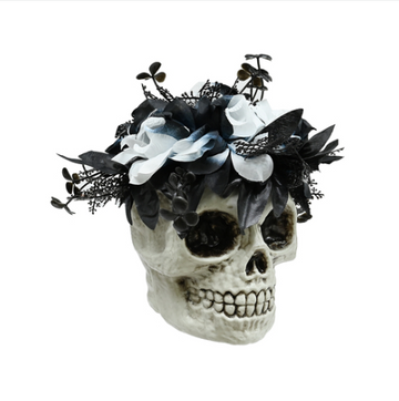 Spooky Floral Skull Flower Bouquet 18cm - Gothic Halloween Decoration with Black & White Roses