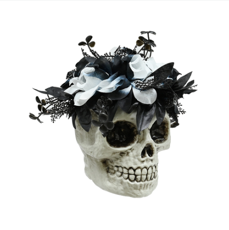 Spooky Floral Skull Flower Bouquet 18cm - Gothic Halloween Decoration with Black & White Roses