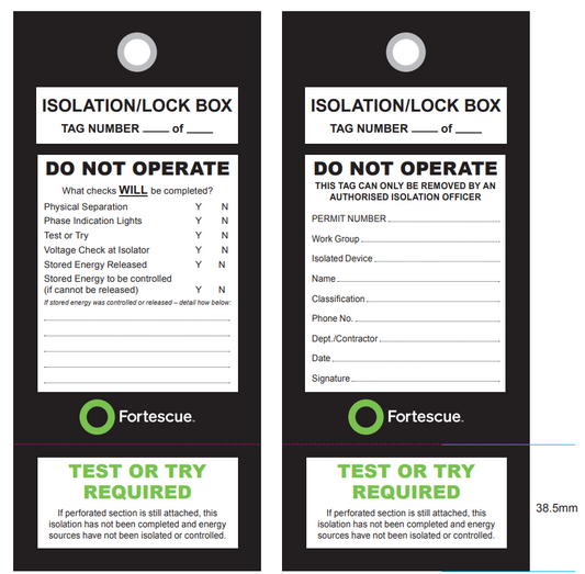 FMG Isolation Lock Box Tags - 100 Printed black & green 75 x 170mm with 8mm eyelet & string at head