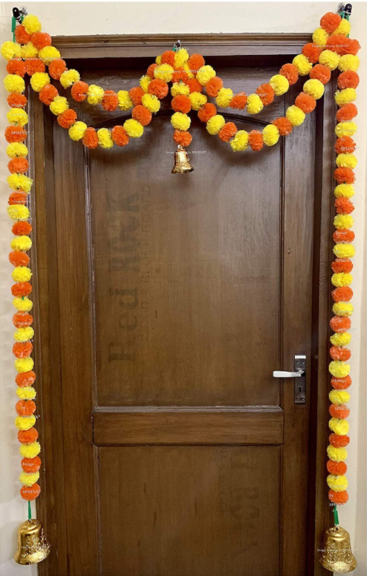Artificial Marigold Fluffy Flowers Garlands Double line Door Toran Set - 120 x 100 x 12 cm