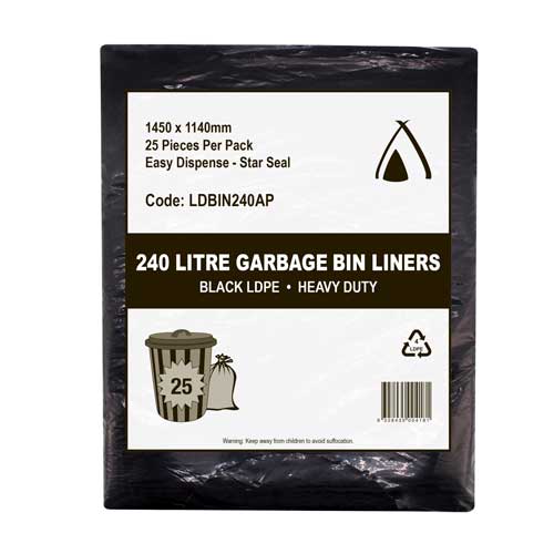 All Purpose, Bin Liner, Black, 240L, 100 Ctn