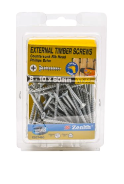 Zenith 8 - 10 x 60mm Galvanised Countersunk Rib Head Timber Screws - 50 Pack