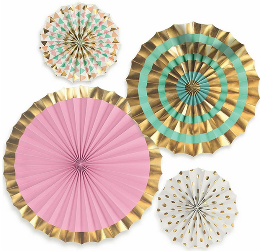 Pastel Pink Mint Green and Gold Paper Fans (Pack of 4)